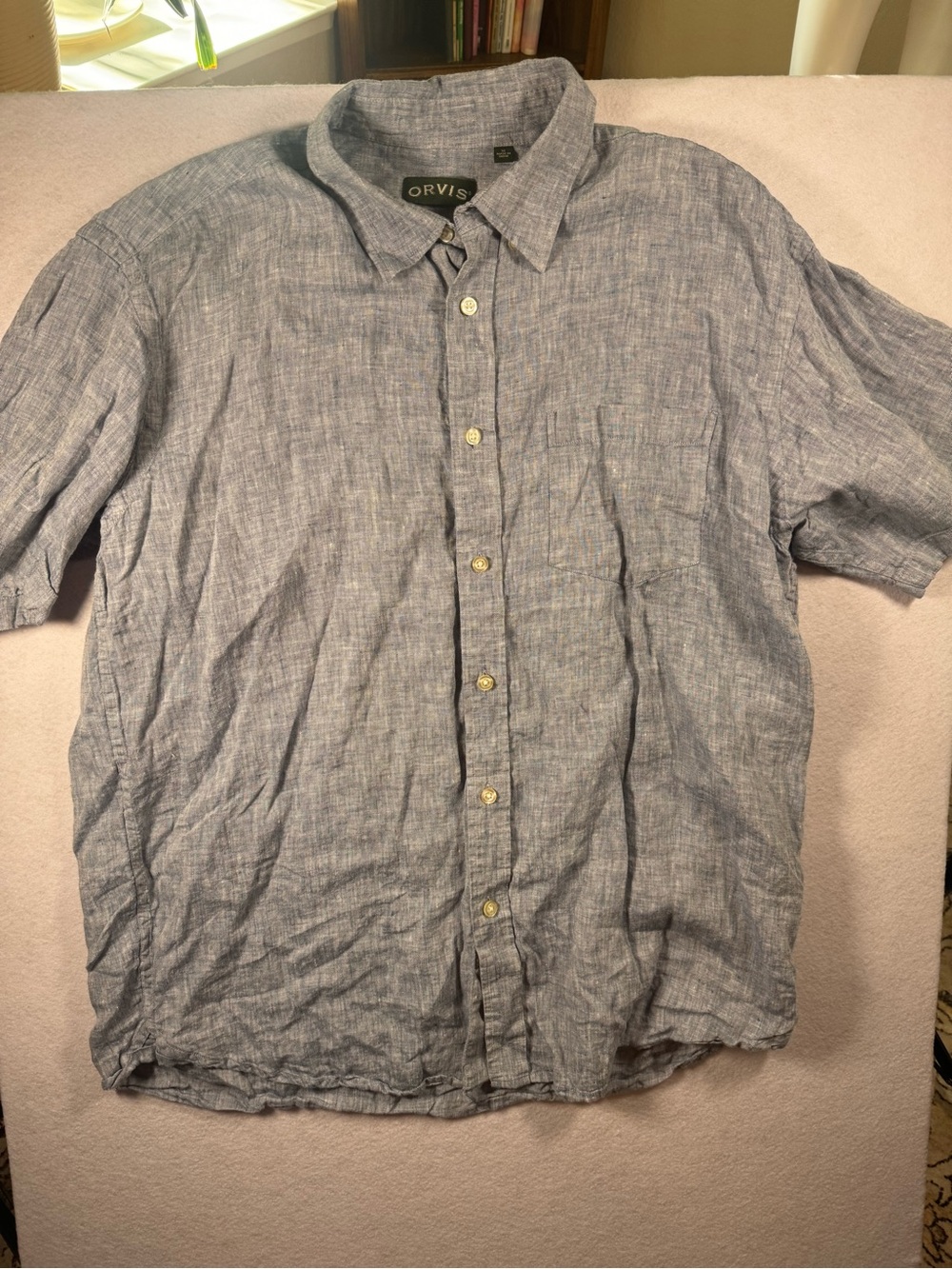 Orvis Men's Heathered Light Blue Short-Sleeve Linen Button-Down Shirt